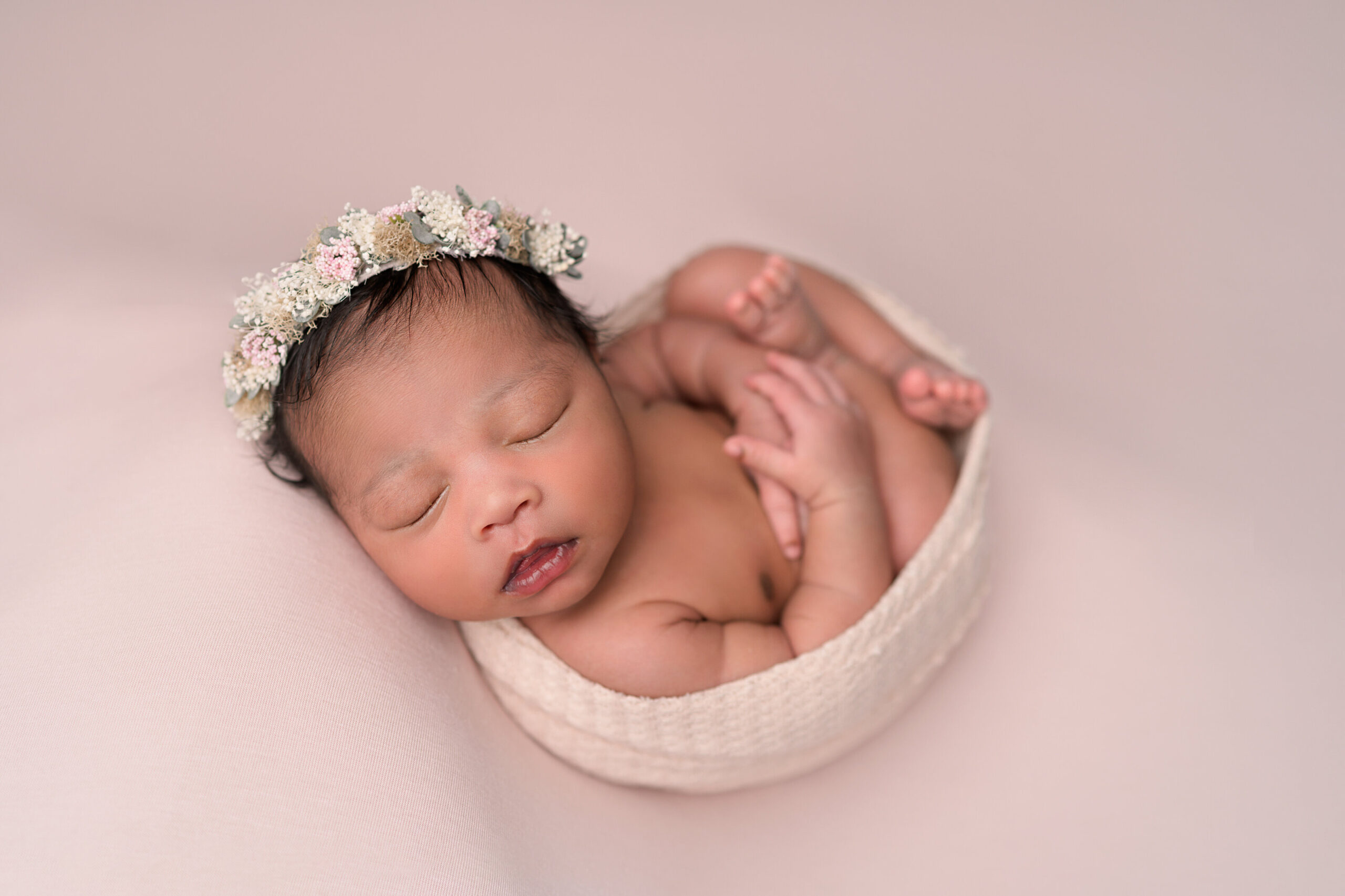 Pink and Blush Baby Girl Newborn Studio Session with Spring Inspired Flower Crown.